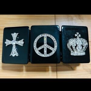 Y2K Chunky Panel Bracelet Cross, Peace, Crown Rhinestone Statement Stretch